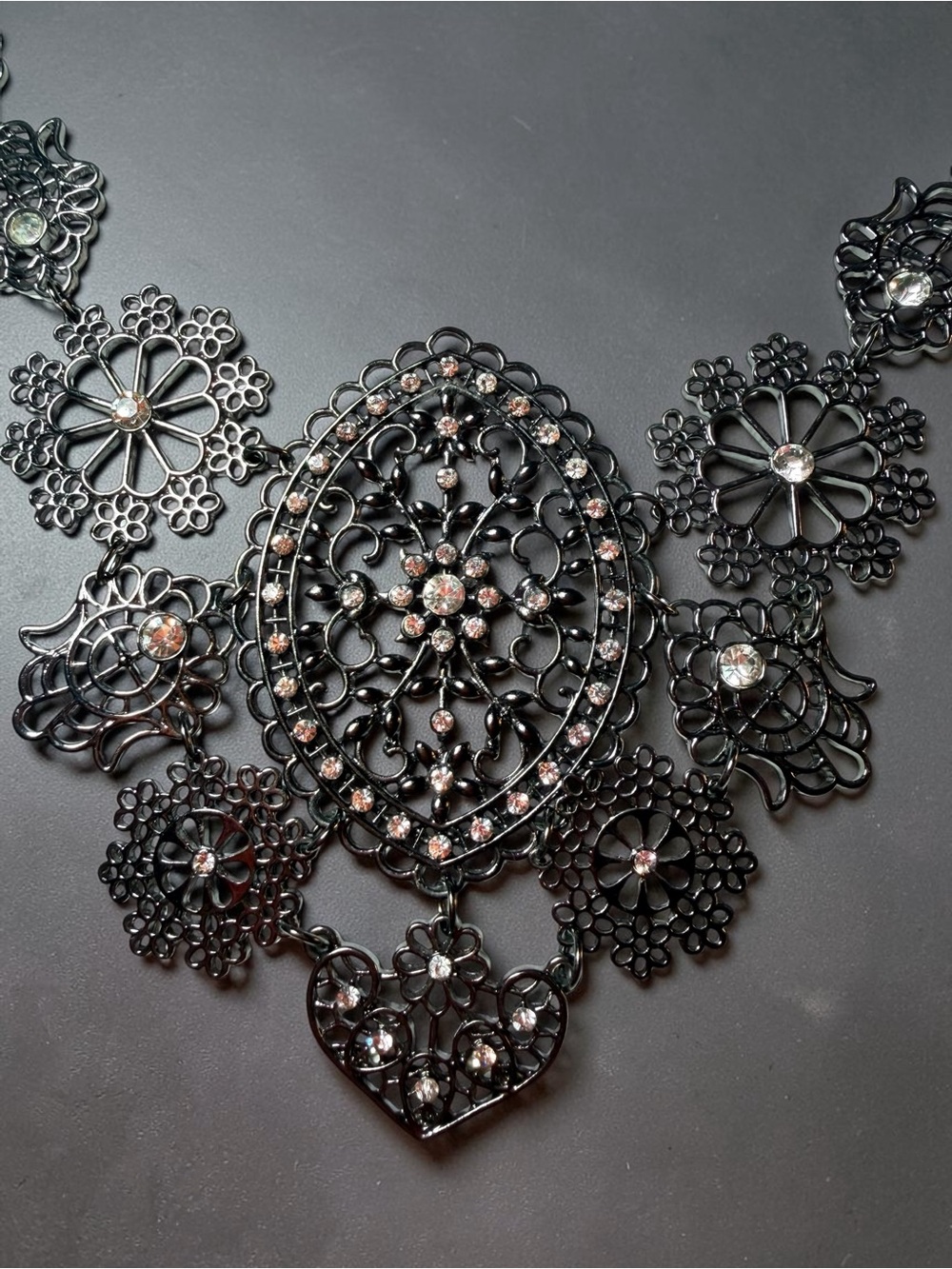 Black Filigree Statement Necklace with Clear Crystals